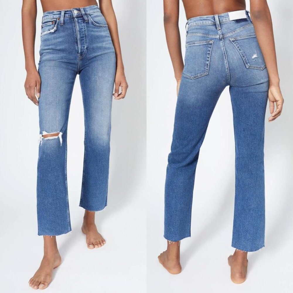 RE/DONE Ultra High Rise Stove Pipe Denim Jeans Vintage Indigo Destroyed Women 27